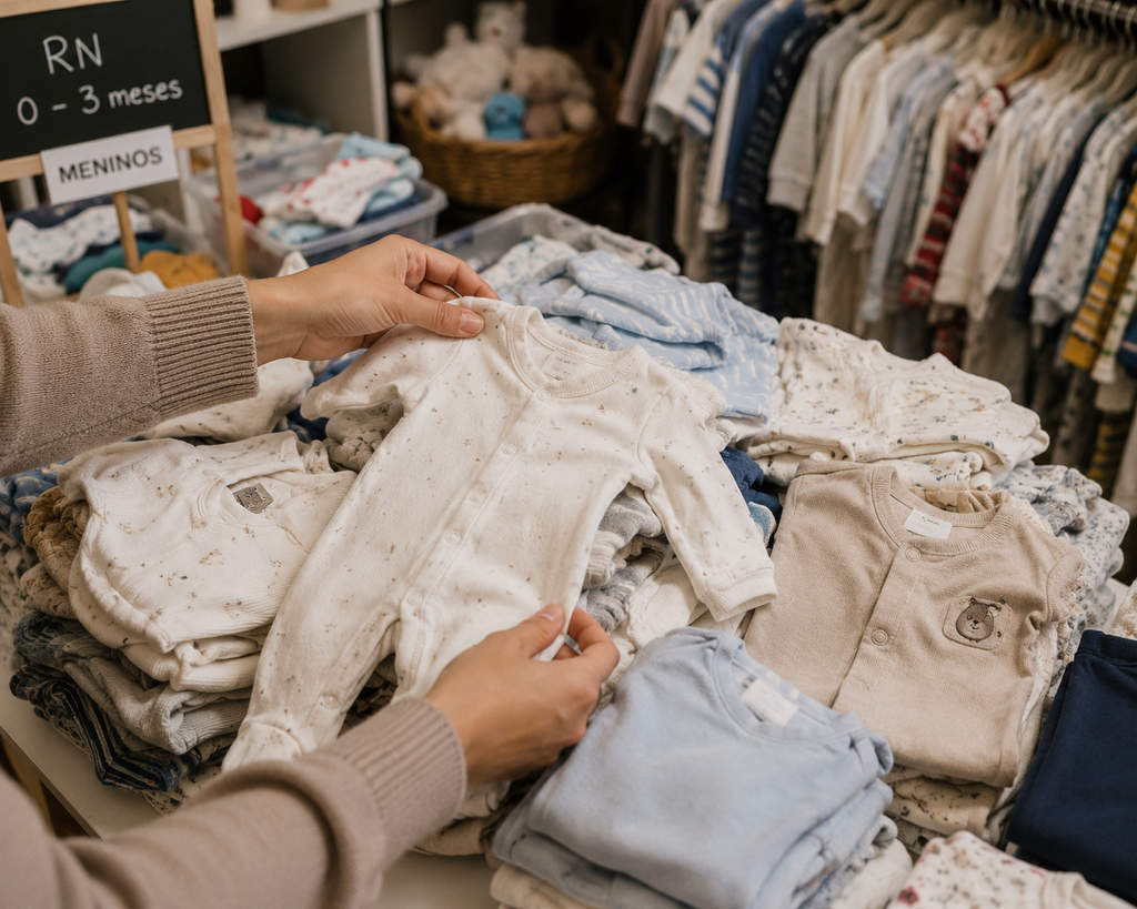 Mãe comprando roupinhas de bebê em brechó infantil.