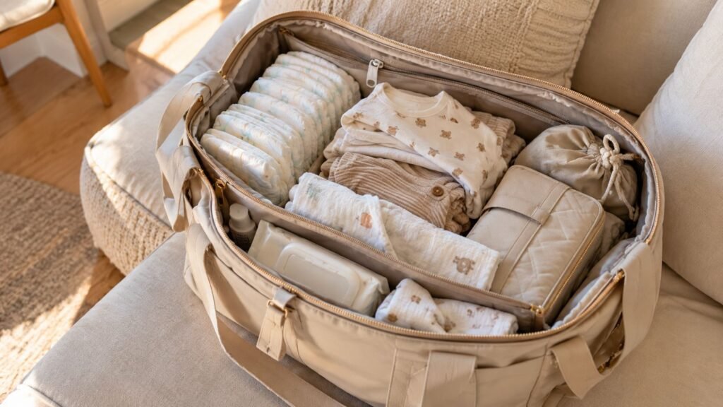 Bolsa maternidade aberta com fraldas, troca de roupa, fraldinha de boca e trocador portátil organizados
