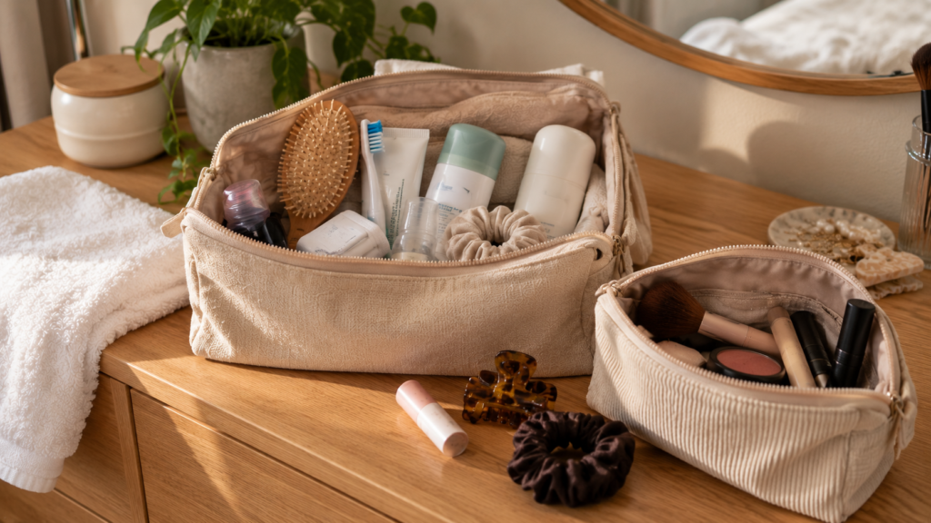 Duas nécessaires bege abertas sobre uma cômoda de madeira: uma com itens de higiene pessoal, como escova de cabelo, escova e pasta de dentes, desodorante, xampu e elástico de cabelo, e outra menor com maquiagem básica