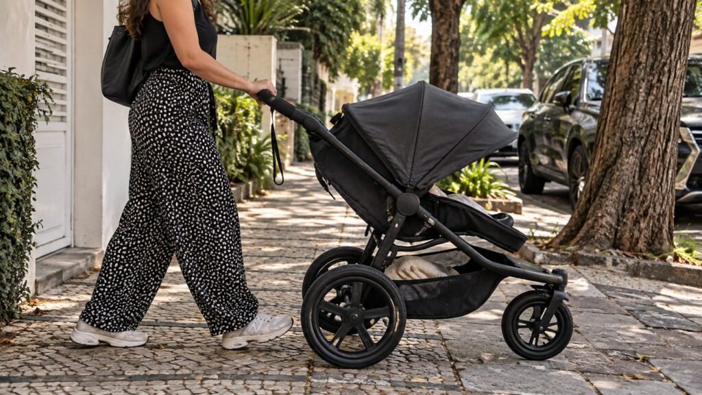 Mãe empurrando um carrinho de bebê de três rodas, com rodas grandes, em uma calçada de pedras portuguesas