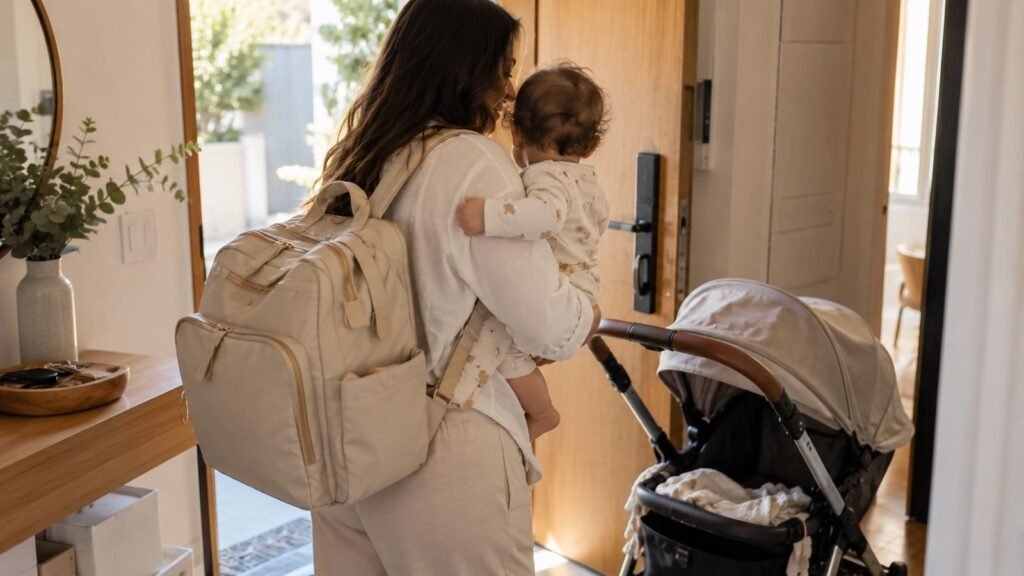 Mãe saindo de casa com o bebê no colo e a mochila maternidade nas costas, ao lado do carrinho